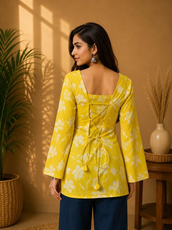 Image of Rayon Floral Print Short Kurti for Women | Square Neck Long Sleeve Top for Women | Criss Cross Back Desing Kurti | Soft Breathable Fabric | Relaxed Fit | Casual and Office Wear