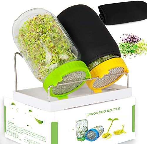 Seed Sprouting Kit, 2 Large Wide Mouth Mason Jars with Sprout Lids, Blackout Sleeves, Drain Tray, Stainless Steel Stand, Sprouts Growing Kit for Bean, Broccoli, Alfalfa