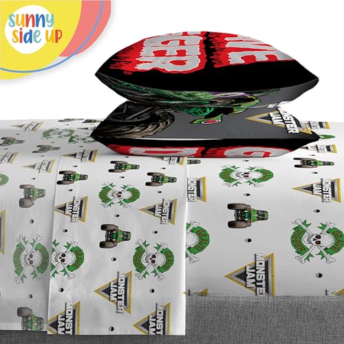 Image of Sunny Side Up Monster Jam Full Comforter Set - 7 Piece Kids Bedding Includes Comforter, Sheets & Pillow Cover - Super Soft Trucks Microfiber Bed Set