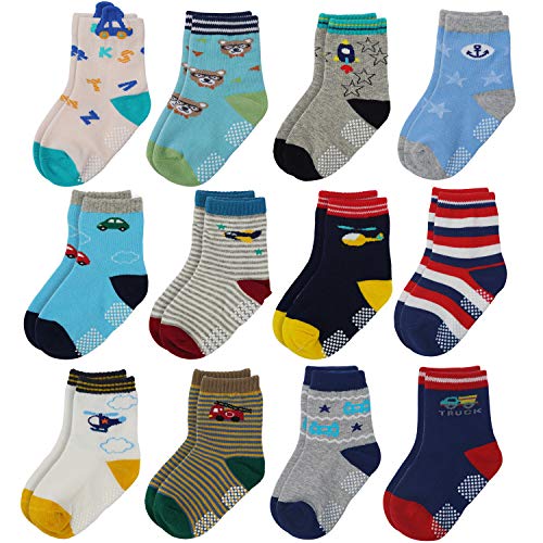 Flanhiri Baby Boys Toddler Non Skid Cotton Socks with Grip (1-3 Years, 12 Pairs - Set 5/711713)