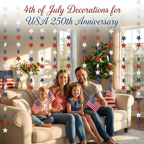 Image of 4th of July Decorations - Patriotic Star Garland | Red White Blue Streamers Banner - Fourth of July Decorations for Memorial Day ,250 Anniversary USA Merchandise Accessories Party Favors for Outdoor Indoor Home,4 Pack