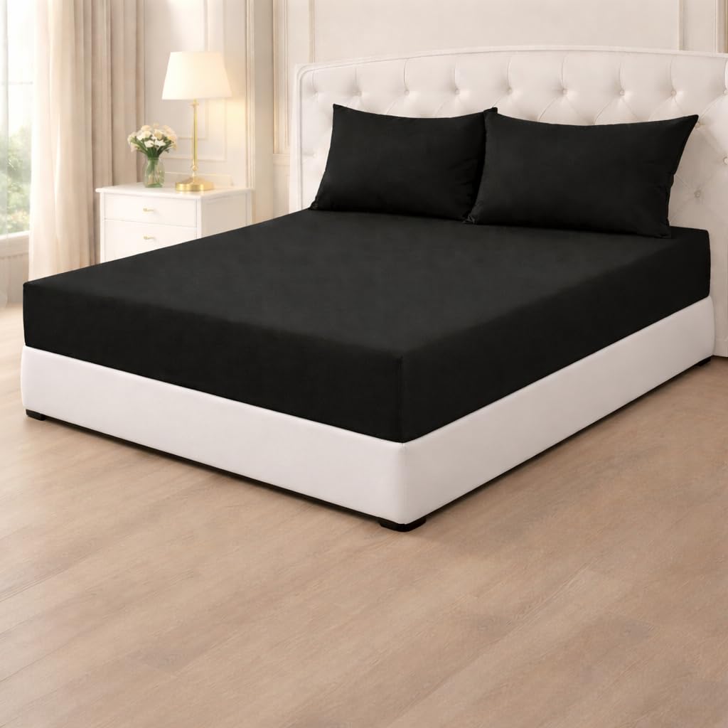 Poly Cotton Fitted Sheets 25cm,Plain PolyCotton Fitted Bed Sheets,Shrinkage & Fade Resistant Percale Quality Fitted Sheets,Non Iron Easy Care (Black, Single) โ image 1