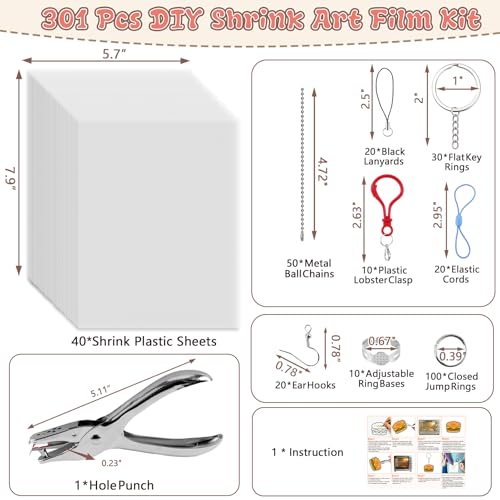 Yalumo 301 Pcs Shrink Plastic Sheets Kit, 40 Shrink Paper Sheets 5.7 x 7.9 Inch with Earring, Ring and Keychain Accessories for DIY Shrinky Art, Ornament, Craft Project, Handmade Gift and Home Decor