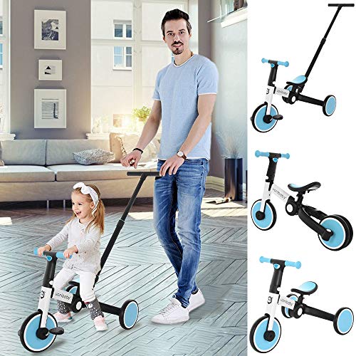 Qazqa 5 in 1 Toddler Folding Tricycle Children Balance Bike for 1-5 Years Old Kids, 3 Wheel Convert 2 Wheel Baby Walking Trikes Bicycles with 23-35 inch Handle Putter, Ideal for Boys & Girls (Blue)
