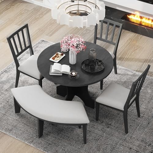 Round Dining Table Set, 5-Piece Rustic Round Dining Set with 3 Upholstered Chairs and Curved Bench for Dining Room, Kitchen and Living Room (Grey)