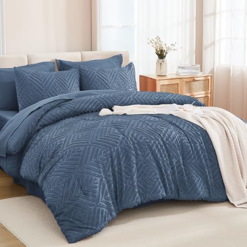 Image of Andency California King Comforter Set Ocean Blue - 7 Pieces Bed in a Bag Cal King Bedding Comforter Sets, Tufted Lightweight Fluffy Bed Set with Comforter, Sheets, Pillowcases & Shams