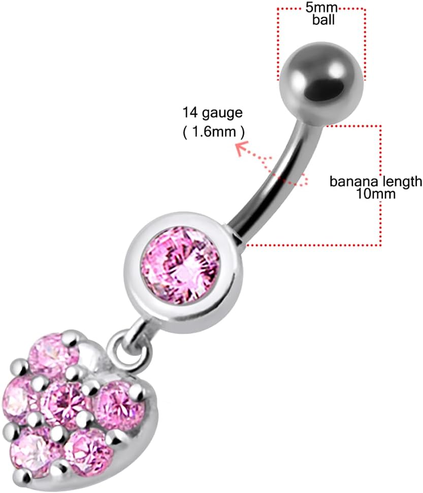 Fancy Heart Dangling Design 925 Sterling Silver with Stainless Steel Belly Ring - Belly Button jewelry - Navel jewelry