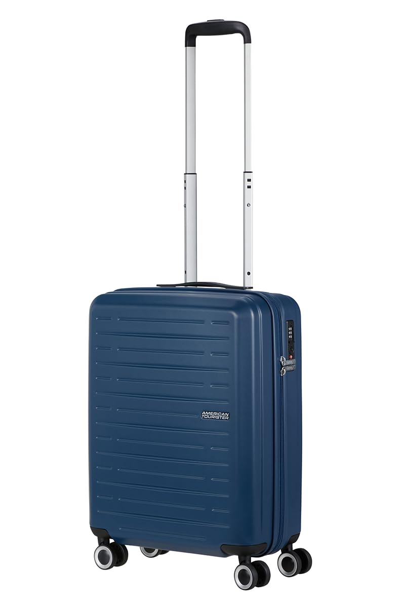 American Tourister Aerojoy Walizka, rozmiar kabinowy 55 cm / 20 cali, 4 kółka, twarda obudowa, ABS, ciemnoniebieska, zamek TSA, wewnętrzna siatka z zamkiem błyskawicznym z przegrodą, krzyżowe paski
