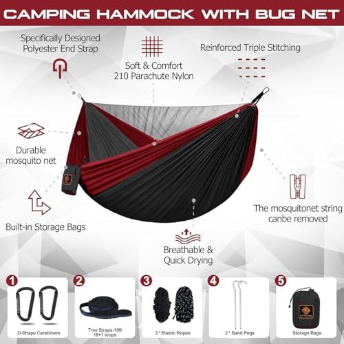 Image of Camping Hammock with Mosquito Net,Lightweight 210T Nylon Hammocks,Portable Hammock with 10ft Tree Straps,Camping Gear Must Haves for Travel Hiking Backpacking Beach Patio-Black&Red