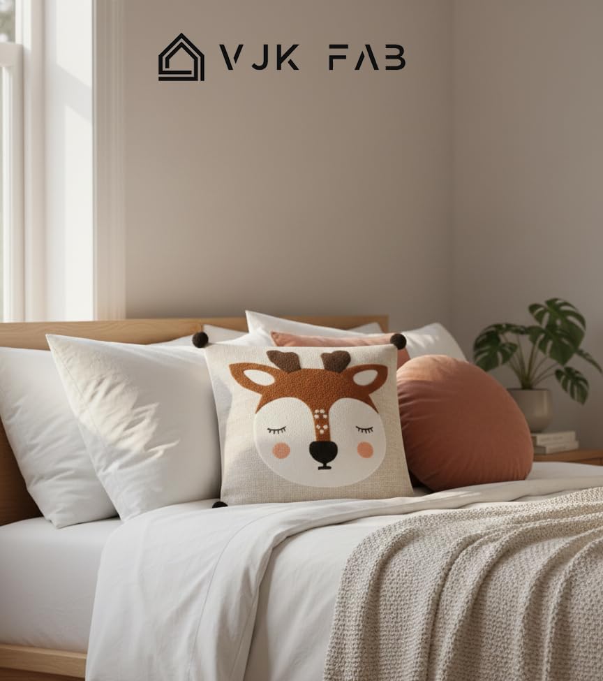 Image of Cotton Fabric Brown Cartoon Dear Embroidered Kids Cushion Cover for Sofa Set /Diwan Beds 16 x 16 Inches or 40x40 cms Cushion Covers, Sofa Throw Pillow Cover Only, Set of 1 Pc