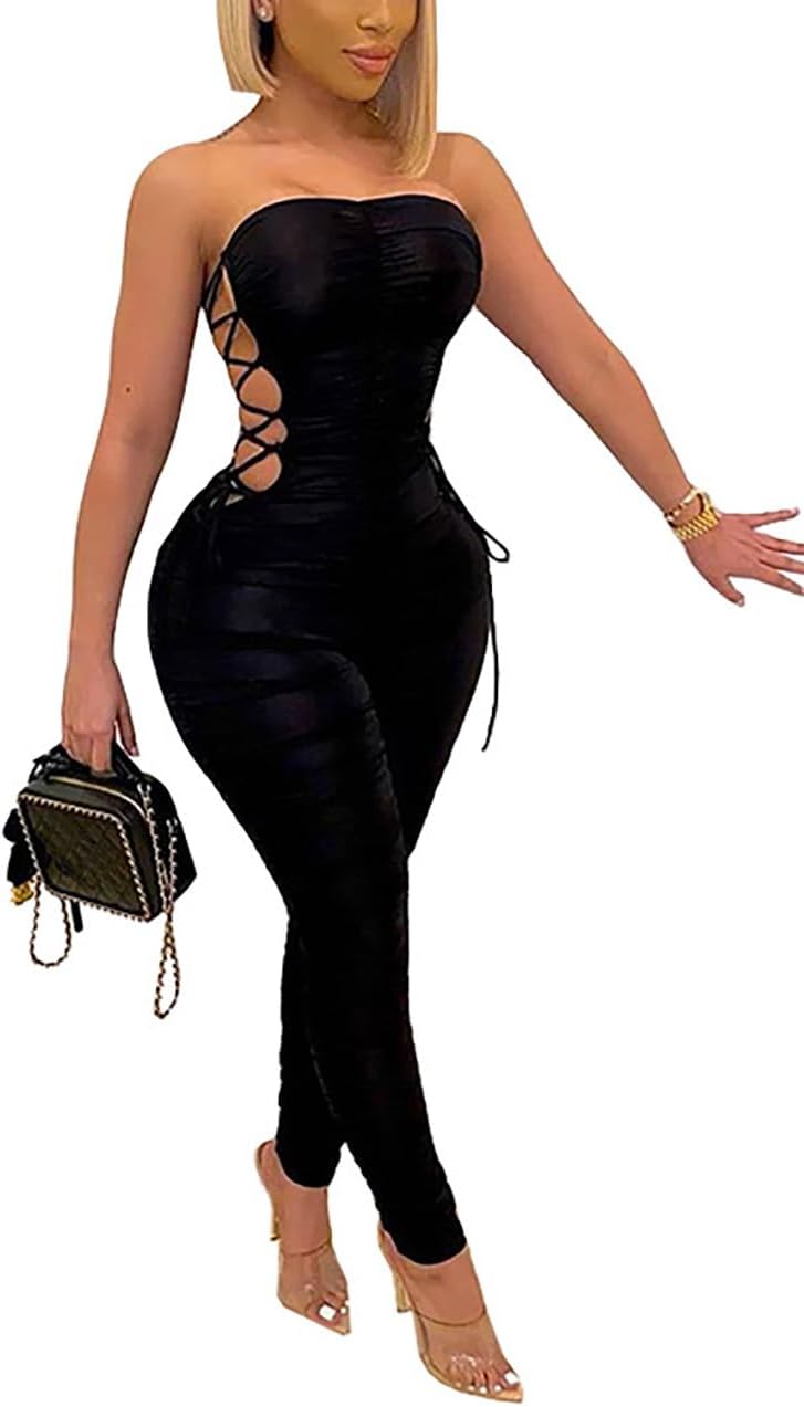 WOKANSE Women's Sexy Side Lace Up Bodycon Ruched Off Shoulder Tube Top Jumpsuit Romper One Piece Club Outfit