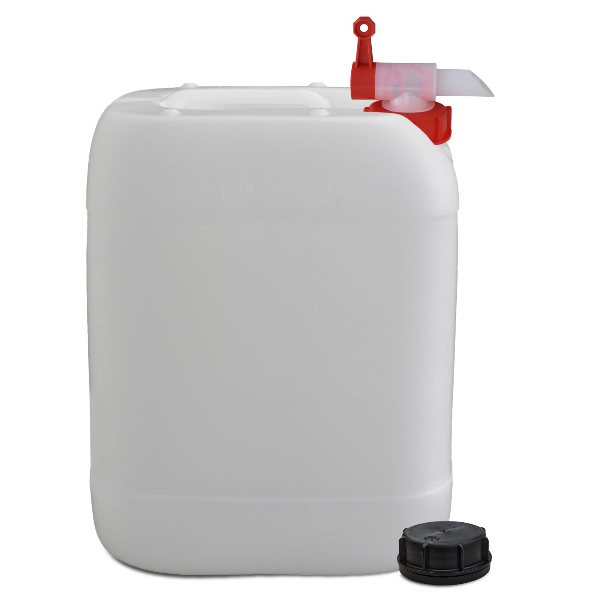 plasteo 20 Liter Getränke- Wasserkanister Natur mit Hahn und Schraubdeckeln | BPA Frei | Lebensmittelecht | Tragbar | Indoor und Outdoor | Made in Germany