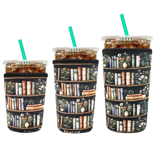 YR Reusable Neoprene Insulator Sleeve for Iced Coffee Cups 3 Pack Coffee Coolies sleeves for Iced & Hot Drinks Cold Beverage Cooler Compatible with Starbucks Coffee and More (Bookshelf & Flower)