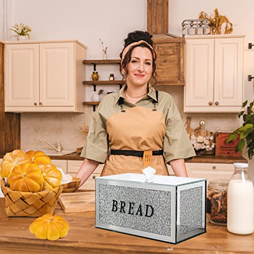 Hmrcyte Large Crystal Glass Bread Container Box With Lid, 12.2"L X 6.3"W X 7.9"H Crushed Diamond Homemade Bread Storage Holder, Keep Bread Fresh Clean, Bread Bin For Kitchen Countertop Decor (Silver) #TOP4