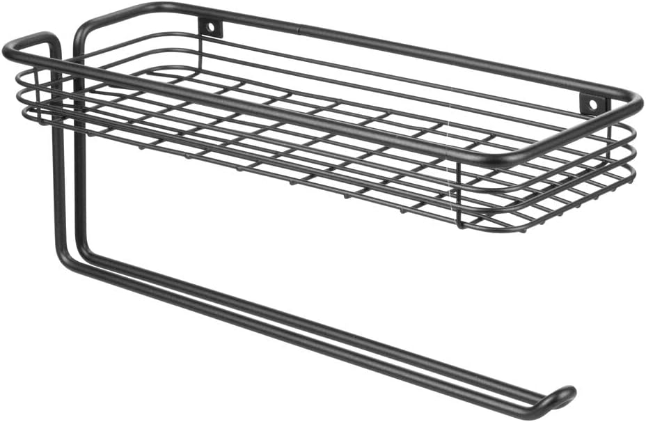 mDesign Toilet Tissue Paper Holder and Multi-Purpose Shelf - Wall Mount Storage Organizer for Bathroom, Holds 2 Rolls - Durable Metal Wire Design - Matte Black