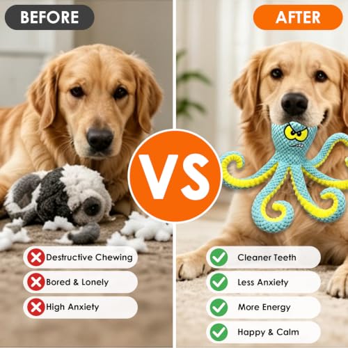 Image of MAXBECK Interactive Octopus Dog Toy, Plush Dog Toy with Crinkle Paper & Squeaker, Tug of War Dog Toy for Small Medium Large Dogs, Soft Dog Chew Toy for Indoor Play, Puppy Training (H-Octopus-Green)