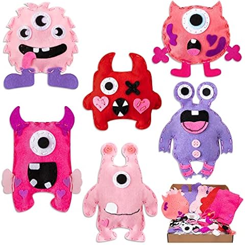 ANGOLIO 6PCS Valentine's Day Felt Sewing Craft Kit for Kids Fun DIY Monster Sewing Crafts Gift with Multiple Sewing Tools Birthday Xmas Christmas Gift Party Supplies for Valentine's Day Gift Cover