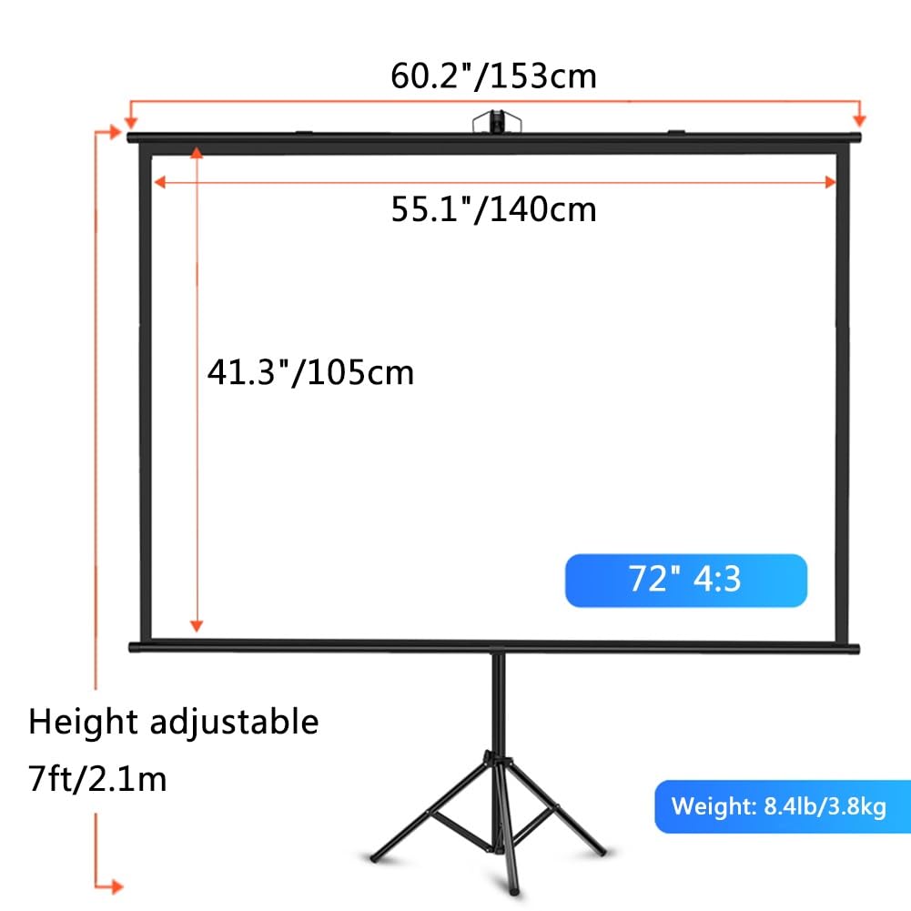 60" 72" 84" Schermo per Film All'aperto per Interni con Treppiede, Schermo di Proiezione 4K HD Montato a Parete 4:3 16:9 per Home Theater Backyard(72" (4:3))