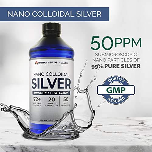 Miracles Of Health Nano Colloidal Silver - 16 Oz. | 50 Ppm | Natural Colloidal Silver Infused In A 72+ Plant-Derived Liquid Mineral Base And 20 Essential Amino Acids For Daily Immune Support #TOP1