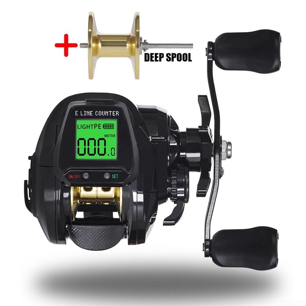 DAZZLEEX Moulinet de pêche numérique Baitcasting Main Gauche Main Droite en Option avec Position de Profondeur d'alarme de Morsure avec Bobine de Rechange (Main Droite Orange)