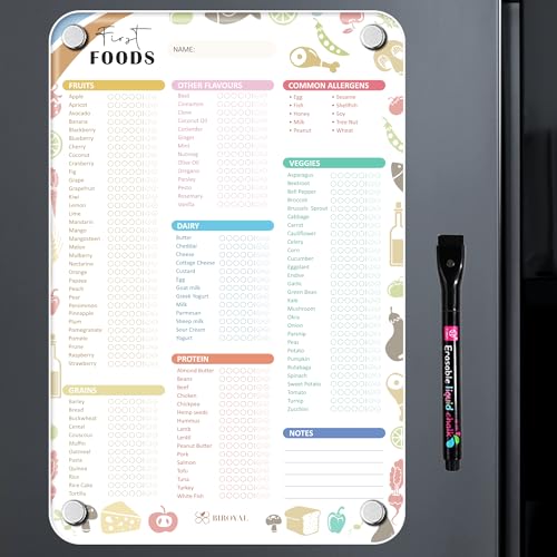 Image of BIROYAL Acrylic Baby First Foods Checklist Magnet with 1 Marker, Baby Led Weaning Supplies, Baby First Foods Tracker Fridge, 11.8"x7.9" Baby Food Chart, Daily Food Log, 101 Foods Before 1 Checklist