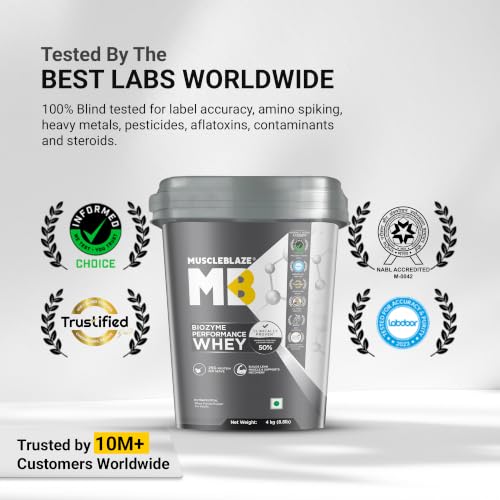 Image of MuscleBlaze Biozyme Performance Whey Protein Powder, Chocolate Hazelnut (4kg / 8.8lbs) & Micronised Creatine Monohydrate CreAMP, Unflavoured (32 Servings, 100g) | Combo Pack