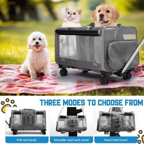 Tragbarer Transportwagen für Haustiere mit Rollen, faltbar, Fluggesellschaftsgröße für Katzen und Hunde bis zu 20 kg (60 × 40 × 45 cm), 2-in-1 abnehmbare Fächer, Grau + gratis Katzenspielzeug und