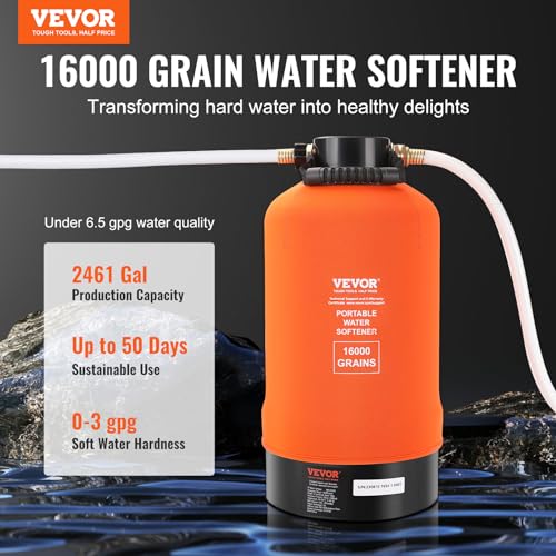 Image of VEVOR RV Water Softener, 16,000 Grain Portable Water Softener, with 3 /4 inch Brass Fittings and 42 inch Hose, Soften Hard Water Filter System for RVs, Trailers, Boats, Mobile Car Washing, Pressure Washing | Filter System for RVs, Trailers, Boats, with 3 /4 inch Brass Fittings and 42 inch Hose, Portable Mobile Car Washing, Pressure Washing