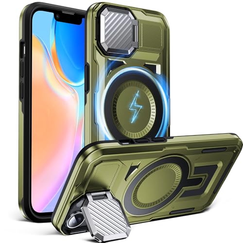 Coque iPhone 14 antichoc MagSafe compatible vert olive avec protection caméra arrière