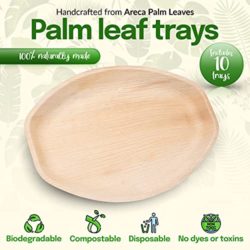 Chic Leaf Disposable Palm Leaf Trays 15X10 Inch (10 Ct) Like Bamboo Serving Tray And Platters - 100% Compostable Party Trays - Disposable Charcuterie Boards For Wedding & Catering #TOP1