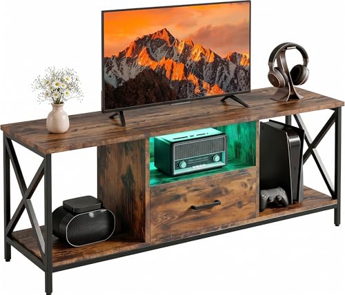 Blisswood TV Unit 112cm LED TV Stand with RGB Lights Rustic Wooden Media Console for 4350 Inch TVs Industrial Entertainment Centre with Drawer & Open Shelves Metal Frame Living Room Furniture
