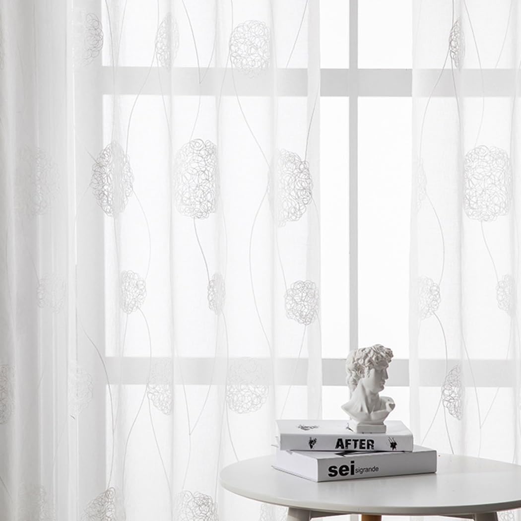Zasłony Biały Okrągły Wzór Nowoczesny Haft | Zasłony Do Salonu Przezroczyste Oczka Dekoracja Sypialni(140x215cm Grommet 2 Panels)