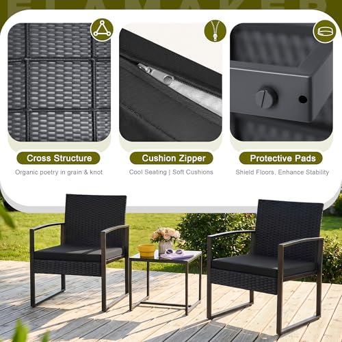 Flamaker 3 Pieces Patio Furniture Set Outdoor Wicker Bistro Chair (Black) by Flamaker - Image 6