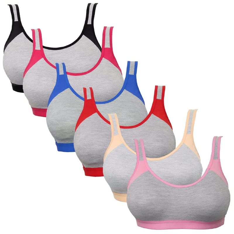 Krishna Creation Women's Cotton Non-Padded Non-Wired Regular Sports Bra (Multicolor) {Pack of 6} Size :-