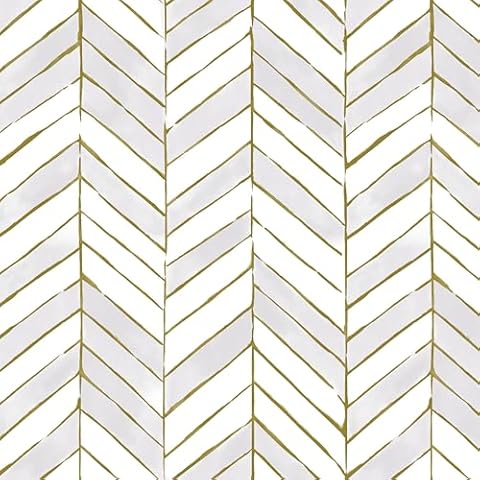 PeonyQueen Gold and Light Gray Herringbone Wallpaper, Modern Geometric Contact Paper 17.3''x394'' Peel and Stick Wallpaper Self-Adhesive, Geometric Stripe Contact Paper Removable for Bathroom Cover