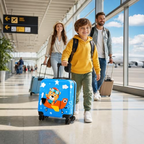 Image of Storite 18In Kids Luggage Trolley Hard Shell Cabin Suitcase | Cute Cartoon Bear Pilot Design Suitcase Ideal For School Trips Vacations Holidays And Weekend Travel (Blue - 35 x 23 x 38 Cm)