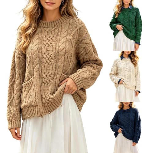 Cable Knit Sweater Women Oversized Crew Neck Long Sleeve Knit Pullover - image 1