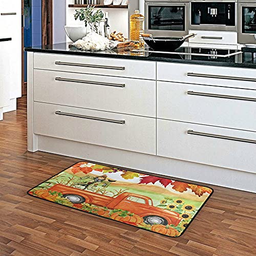 Autumn Truck Pumpkin Kitchen Rugs Thanksgiving Sunflower Maples Floor Comfort Mats Bath Rugs Entryway Welcome Non Slip Area Rug For Bedroom Living Room Doormats Home Decor 39" X 20" #TOP3