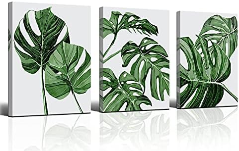 Green Wall Art Framed art Wall decor for living room Plant Decor Office decor Bathroom Decor Monstera Green Leaf Tropical Plant Picture Canvas Wall Art Framed Wall Art Wall Art for Bedroom 3 Piece