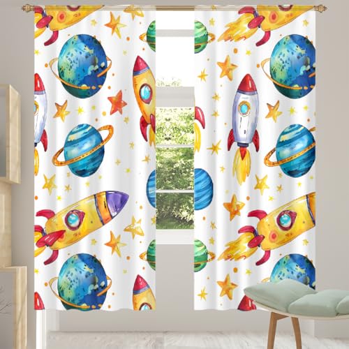 Mexpekil Par de cortinas semitransparentes de gasa, planetas espaciales, cohetes, dibujos animados, 78 pulgadas, para sala de estar, dormitorio, cocina en casa, 55 pulgadas de ancho, 2 paneles