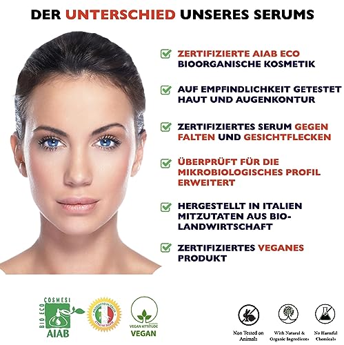 60ml Bio Hyaluron Serum mit Vitamin C, E. Hochkonzentriert Anti-Falten, Anti-Aging & Dunkle-Flecken. Hyaluronsäure-Gesichtsserum, Ideal als Augenkonturcreme. Dermaroller Essence. Vegane Naturkosmetik