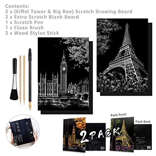 Scratch Painting Kits For Adults & Teens, Craft Art Set, Rainbow Scratch Art Painting Paper, Sketch Diy Night View Scratchboard, 16'' X 11.2'' Creative Gift With 3 Tools Kit (Eiffel Tower / Big Ben) #TOP1