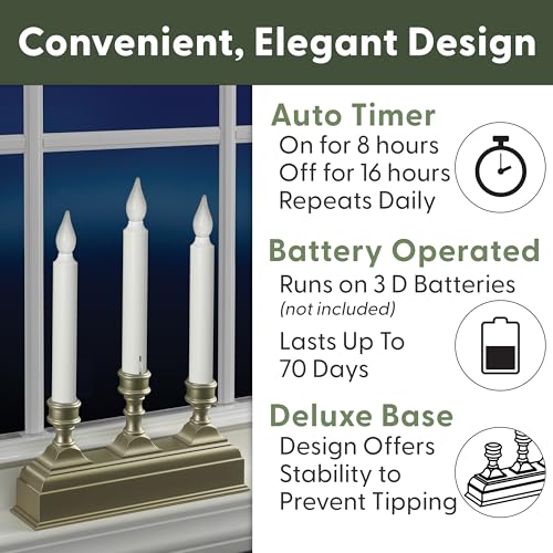 Image of 612 Vermont Battery Operated LED Window Candelabra, 3 Light, Pewter | Bright Hot Spot, 8 Hour Timer, Flicker or Steady Light, White 3000K Light, Pewter Silver Plastic Base, VT-1530P
