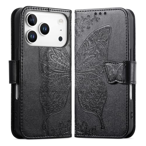 Étui simili cuir gaufré iPhone 15 Plus noir au design papillon chic