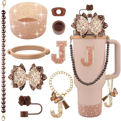 Hpebl 9PCS Brown for Stanley Cup Accessories Set Bling Initials Bow Charms for Stanley Decorations 30/40 Oz Tumbler Accessories Including Bow Straw Topper, Handle Strap, Spill Stopper（Letter J）