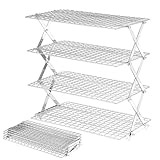 BEWOS Zusammenklappbares Kühlgitter mit 4 Ebenen – Verstellbares Edelstahl-Backgestell mit auslaufsicherem Netz, X-förmige Struktur, Kühlgitter zum Kochen und Backen, spülmaschinenfest