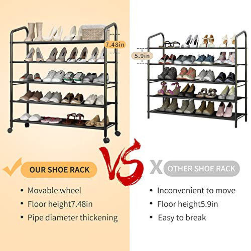 Leaijiafy 5 Tier Black Metal Shoe Rack Organizer Shoe Stand,Sturdy Rolling Shoe Shelves Storage Racks Organizer For Garage Entryway Closet Floor,With Wheels,31 Inches Wide,Fabric Shelves #TOP4