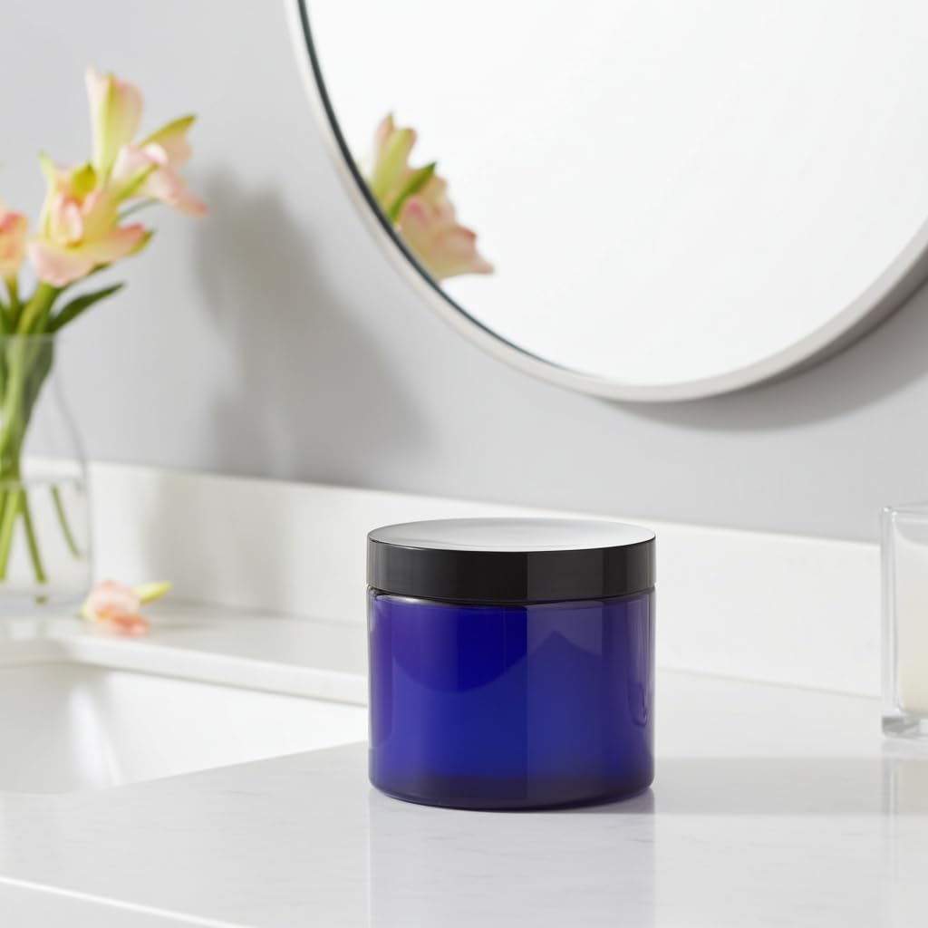 JUVITUS 16 oz Cobalt Blue PET Plastic (BPA Free) Refillable Jar with Black Smooth Lid (12 pack)