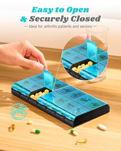 Image of 7 Day Extra Large Pill Organizer 2 Times a Day, Weekly Pill Box Twice a Day, XL AM PM Pill Case, Oversized Daily Medicine Organizer for Vitamin, Big Pill Container (Cyan) | Easy-Open, High-Capacity, Bold-Letters, Senior-Friendly, AM /PM, Weekly-Tracking, BPA-Free, Long-Lasting