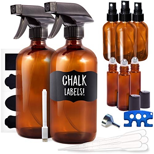 8 Pack Amber Glass Spray Bottle Kit, 2x 16oz Spray, 3x 2oz Spray and 3x 10ml Roller Bottles for Essential Oils and Cleaning Solutions (Bonus: Chalk Labels, Funnel and Roller Bottle Tool)